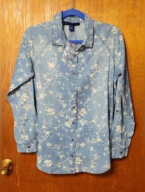 Bandolino Blue Floral Denim Roll Tab Long Sleeve Shirt Size Small (1258)